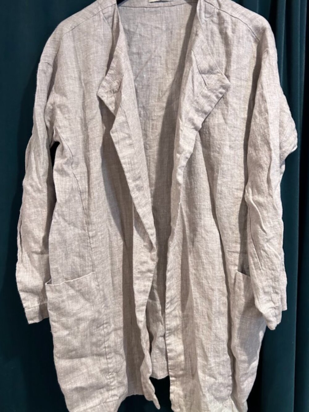 MAGIC LINEN OPEN FRONT LONG BLAZER CARDIGAN M NATURAL MELANGE OATMEL LINEN BOHO